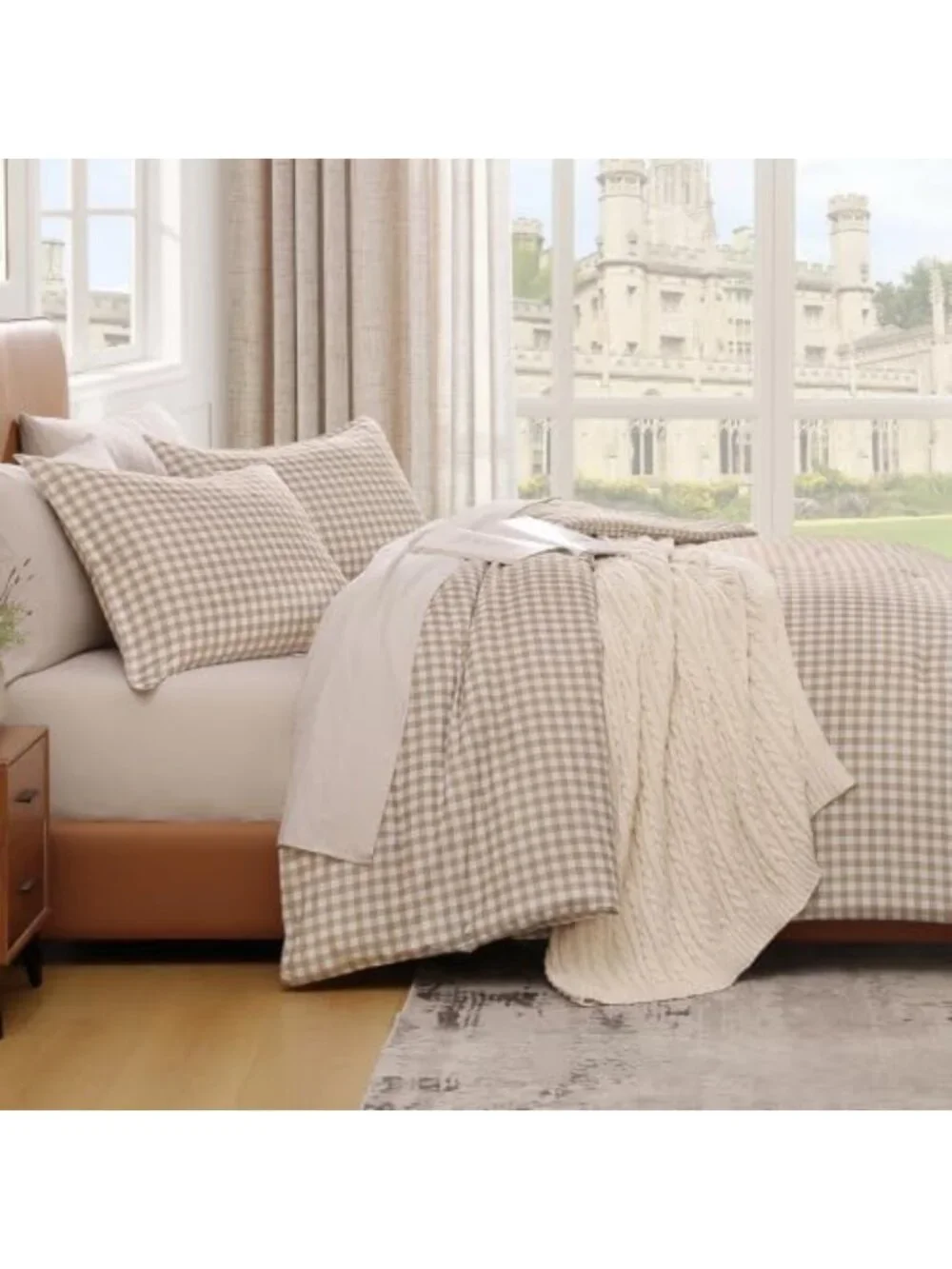 Cozy Tan Gingham Twin Comforter Set | Brown Checkered Plaid Bedding Decor